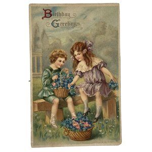 Antique Victorian Happy Birthday Postcard Boy Girl Chromo Embossed Germany 1900s